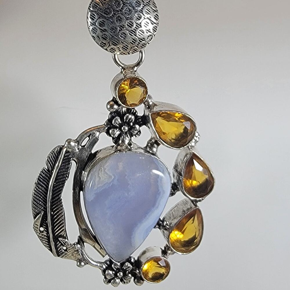 Blue Lace Agate Pendant – With Yellow Citrine Accents + 20" Silver Snake Chain
